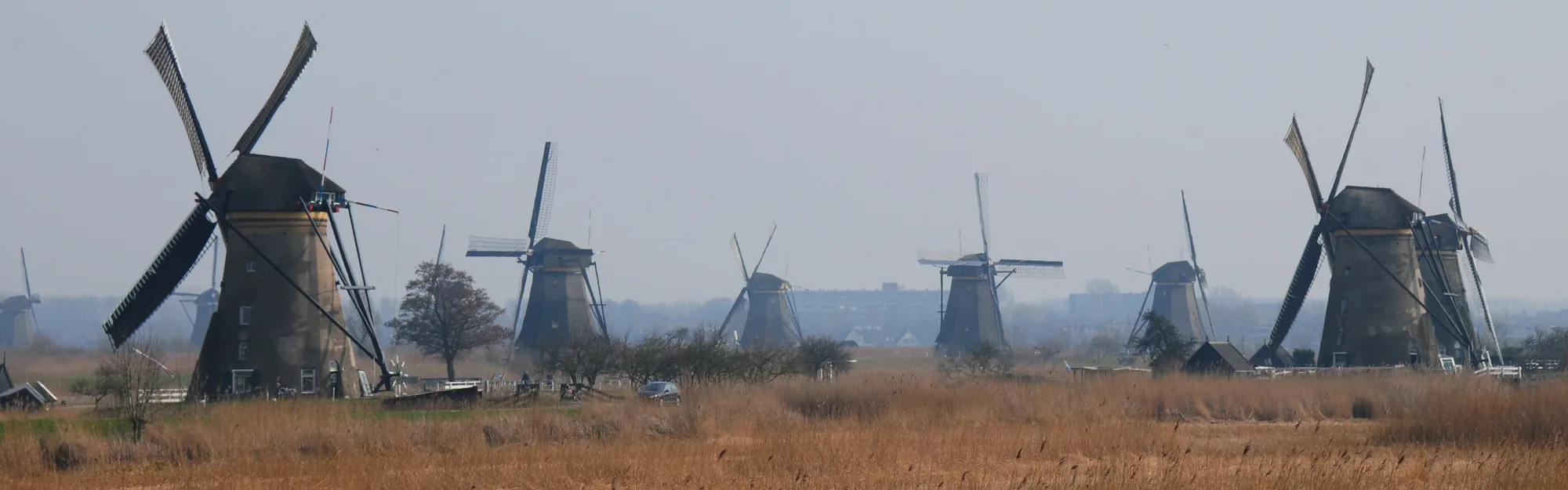 Traditional Dutch windmills along a canal at Kinderdijk